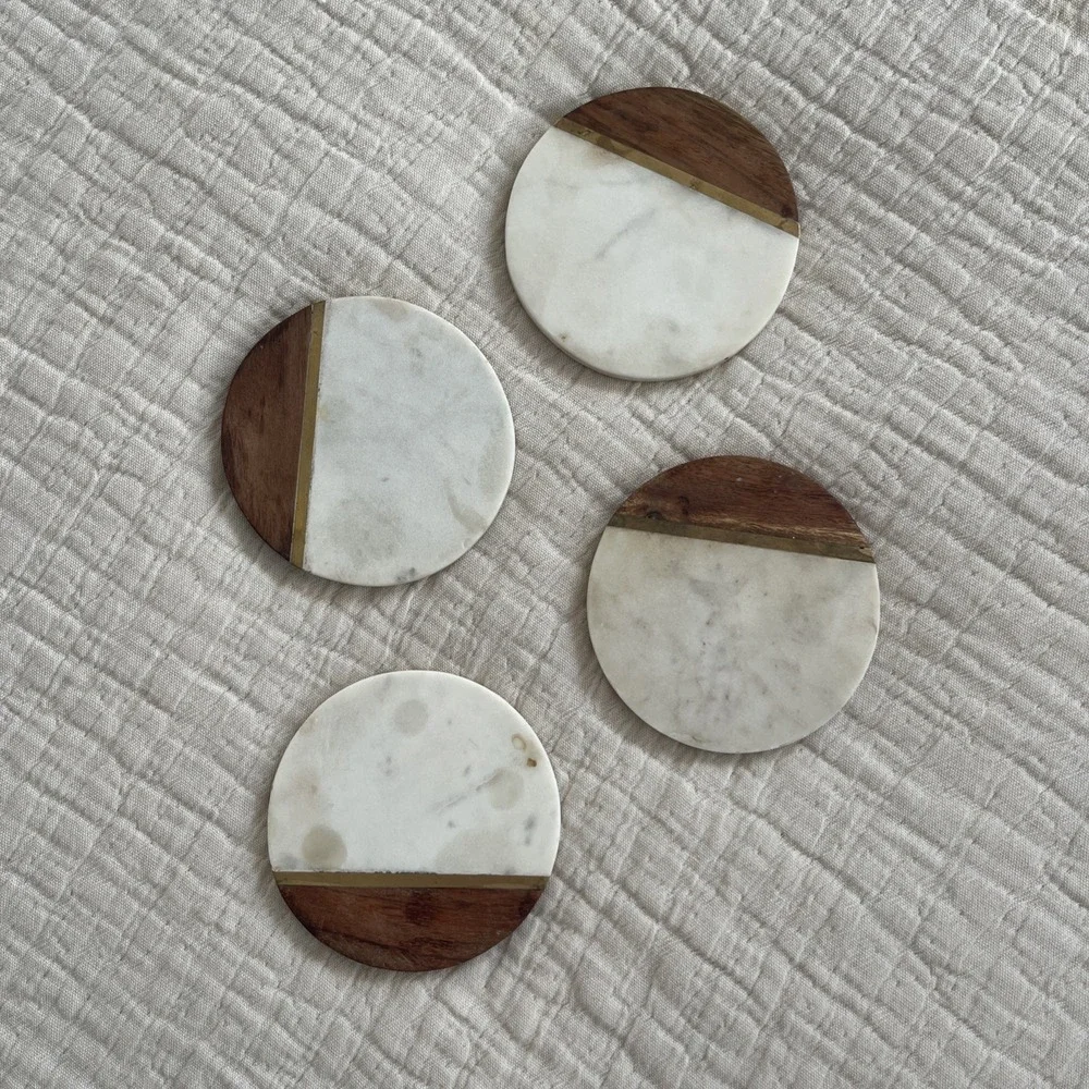 Hand Carved Marble Brass & Wood Coasters - Set of 4